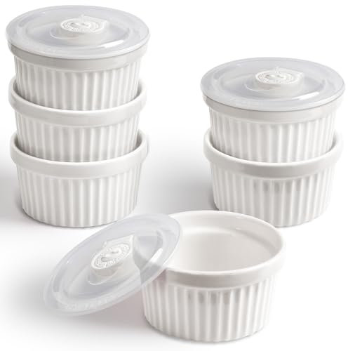homEdge Auflaufförmchen-Set aus Porzellan mit Deckel, 240 ml Eisschale, Creme Brûlée Auflaufförmchen Soufflé-Tasse zum Backen, 6 Stück, Weiß