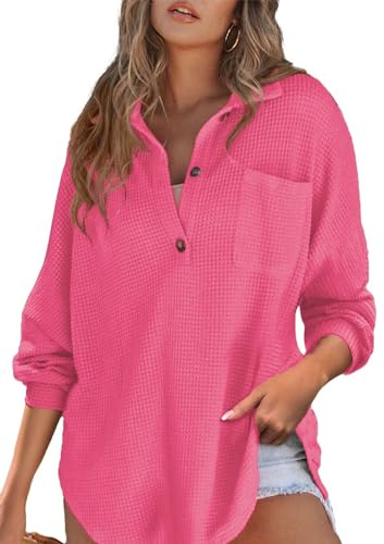Astylish Women Oversized Waffle Shirts V Neck Long Sleeve Loose Blouses Versatile Button Lightweight Pullover Rose Red Large