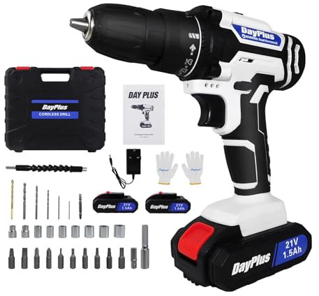 Cordless Drill Driver 21V,Cordless Drill Power Tool Electric Screwdriver,25+1 Torque,2 Speed,LED Light,29 Accessories,Cordless Combi Drill Kit for Home and Garden DIY, (2 Batteries)-White…