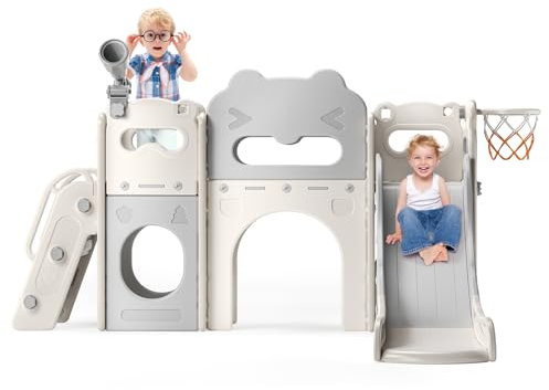 Lischwert Kinderrutsche, Kleinkindrutsche 7 in 1 freistehend mit Basketballkorb,Extra Lange Rutsche 170 cm, verdicktes Material, Stabiler Kleinkindklettergerüst