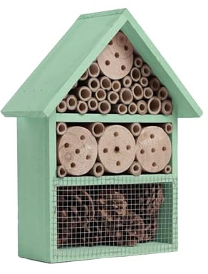 Bee & Bug Hotel Wooden Insect & Bee House with Pre-Drilled Hanging Hook Nesting Habitat for Solitary Bees Butterflies Ladybirds & More, Natural Wood Garden Shelter Box (Mint, One Size)