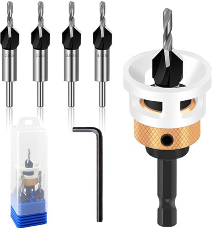 6 Pezzi Svasatore per Legno con Arresto di Profondità in Alluminio,Punta da Trapano con Svasatore Regolabili con Gambo Esagono da 1/4, in HSS-M2, per La Lavorazione Del Fai Da Te