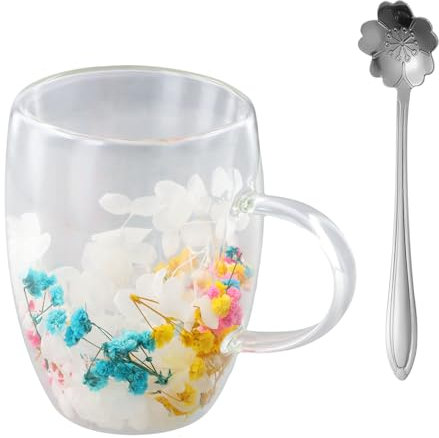 Hnonoxy 350ml Blumen Doppelschicht Glasbecher, Doppelwandige Gläser, Trockenblumen Doppelglas mit Löffel, Geschenk für Frauen, Isolierte Kaffeetasse für Tee, Eis, Eistee, Iced Americano (Pink)