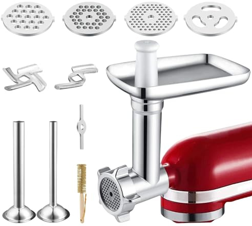 Agrdeed Köttkvarnstillbehör för KitchenAidmixer, Tillbehör till Matkvarn med 4 Malplattor, 2 Korvstoppningsrör, 2 Malblad, köttkvarnstillbehör i Rostfritt Stål, Skivare och Strimlare för Kitchen