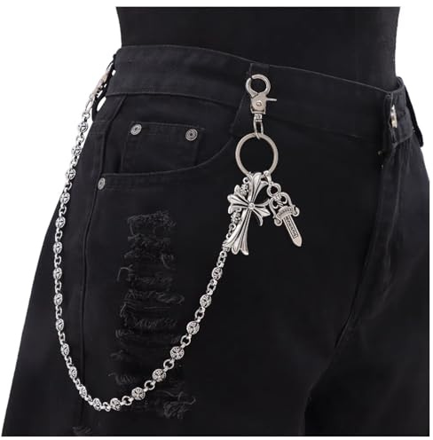 Azttior Catena Pantaloni Uomo & Donna 55 cm con Pendente Croce e Pugnale, Catena per Pantaloni unisex, Catena Portafoglio, Catenella Portachiavi, Catenella Orologio da Taschino, Accessori Punk Chain