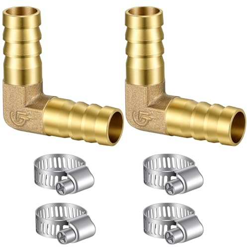 2 Pack 90 Degree Elbow Hose Barb Fittings, 1/2 Brass Hose Barb Fitting L Right Angle Barbed Fittings Brass Elbow Fitting Connectors Barbs Reducer for Water/Fuel/Air/Oil/Gas, with 4 Clamps