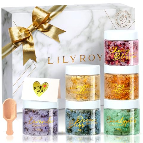 Mothers Day Gifts for Women - 9-Piece Floral Epsom Salt Gift Set for Women with 6 x 120g Epsom Salt, Bath and Body Gift Set in Elegant Box | Christmas, Valentines Day, Birthday Gifts for Men