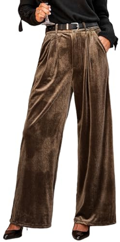 CUPSHE Velvet Pants for Women Wide Leg Dressy Velour Palazzo Work Pants with Pockets Brown M