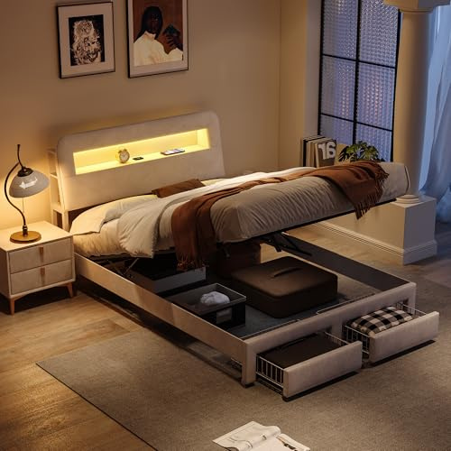 BAJKNIU Lit rembourré 140 x 200 cm avec rangement, lit double avec USB et LED, lit pour jeunes avec tiroirs, cadre de lit avec sommier à lattes, en velours, sans matelas
