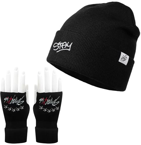 JWTRSVTY Stray Kids Cappello, Guanti Senza Dita Fan Di Kpop, Kpop Stray Kids Berretti a Maglia, K-Pop Merch, SK Cappello a Maglia Nero, Adatto per Adulti e Bambini, Regalo per Fan K-pop per Stay