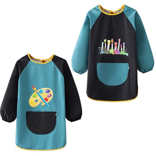 POUMUE 2 Piezas Batas Pintura, Bata Plastico Niños Bata Pintura Niños, Delantal Pintura Infantil Delantal Pintura Niños, Delantal Impermeable de Manga Larga con Bolsillos, Cocina 6-12Años