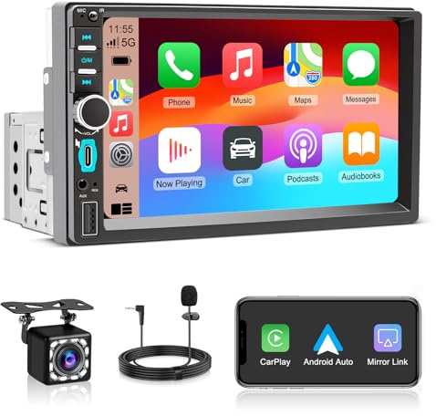 Radio Coche 1 DIN Pantalla con Wireless CarPlay y Android Auto,7 Car Play Autoradio Touchscreen Display Bluetooth Llamadas Manos Libres, Mirror Link, Navegación GPS,FM,USB,Type-C,Cámara Trasera