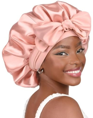 HUZNA Bonnet de Nuit en Satin pour Femme avec Long Ruban Ajustable - Bonnet de Sommeil Large pour Cheveux Bouclés et Longs - Protection Capillaire Anti-Frisottis Rose Poudré