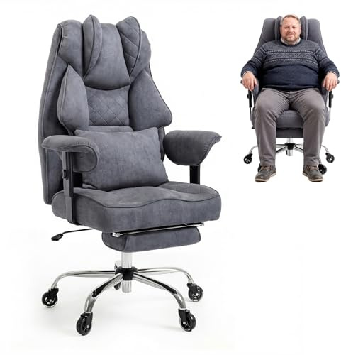 Asukale Bürostuhl Ergonomisch 200kg Belastbar XXL Chefsessel mit Fußstütze, Schreibtischstuhl Wildlederimitat, W-Form Sitzkissen Höhenverstellbar, Dicker Entlastung Drehstuhl für Home Office, Grau