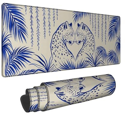Tappetino per mouse grande, motivo leopardo, foglie di palma tropicali artistiche con foglie di palma appese senza gomma blu, tappetino per mouse XL con bordo cucito, idea per casa, ufficio, scrivania
