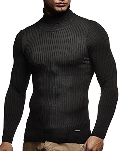 Leif Nelson Pull Homme avec col roulé Chemise à Manches Longues Pull en Maille Fine LN1670 Noir Taille XL