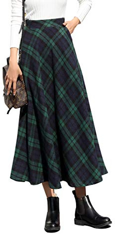 RIZ-ZOAWD Donna Elegante Vita Elastica Plaid a Strisce Lunga Caldo Gonna di Lana Svasata A-Line Pieghe Vita Alta Gonne Autunno e Inverno Gonne (M (Vita: 68-74 cm), Verde)