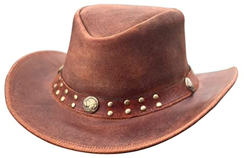 BRANDSLOCK Cowboy Hat Women Men Real Leather Western Style Wide Brim Cowgirl Hat Shapeable Lightweight Handcrafted Durable Bush Hat Tan