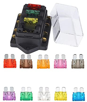 JZK BH-4P 12V 24V 32V 4-Fach Sicherungshalter Sicherungskasten Sicherungsträger mit 10 Stück Flachsicherungen Sicherung Sicherungsdose Für Auto Boot