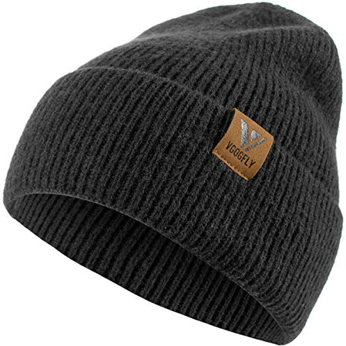 Vgogfly Beanie Men Slouchy Knit Skull Cap Warm Stocking Hats Guys Women Striped Winter Beanie Hat Cuffed Plain Hat Black