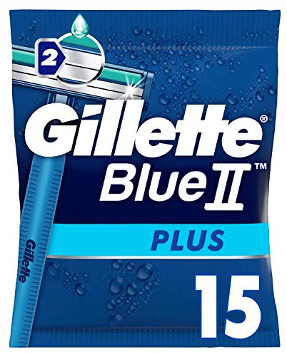 Gillette BlueII Plus Engångsrakhyvlar För Män 15 st, Rakhyvel Med 2 Blad, Fast Huvud, Lubrastrip
