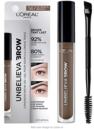 L'Oreal Paris Unbelieva-Brow Longwear Waterproof Tinted Brow Gel, Smudge-resistant, Transfer- Proof, Quick Drying, Easy and quick application with precise brush, Soft Brunette, 0.15 fl. oz.