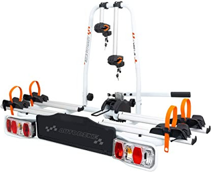 AUTOBIKE portabici E-TREK 2 biciclette, fissaggio della sfera di traino tramite leva con blocco di sicurezza, telaio in acciaio e alluminio, 30 kg per guida, adatto a tutti i tipi di biciclette