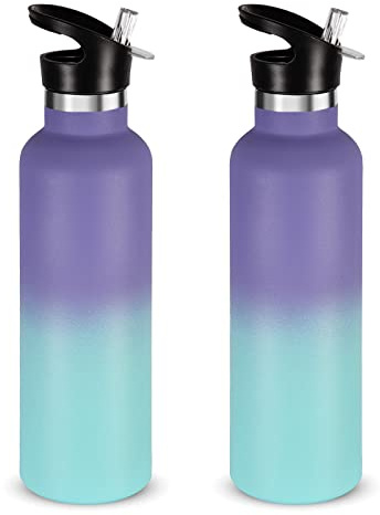 Volhoply 750ml Botellas Agua Acero Inoxidable con Tapa de Paja 2 paquetes,Botella de Deporte Aislada con Asa, Termo de Agua de Metal de Doble Pared- Libre BPA para Escuela, Niños(Gradiente,2 Set)