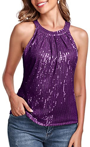 Fenyong Top con paillettes da donna senza maniche elegante scintillante canotte per feste club concerto cocktail gilet canotta camicia, Viola, M