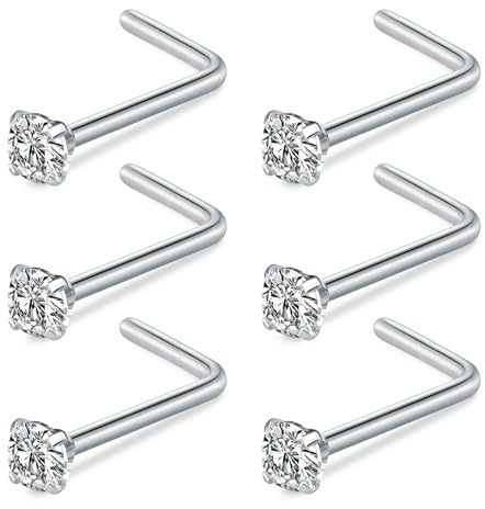 FECTAS 18G 20G Piercing Näsa Ring Rostfritt Stål Kvinnor Män Nose Stud Ring L Form Piercing Näsa 1,5 mm 2 mm 2,5 mm Diamond CZ Nostril Piercing Silver Guld, 20G, Rostfritt stål