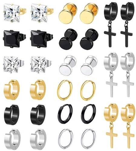 BVLAGIDA 15 Paar Herren Ohrringe, Edelstahl Creolen, Kreuz Anhänger Ohrringe Set, Fake Plugs Ohrringe, Zirkonia Ohrstecker für Herren Damen, Silber/Schwarz/Gold