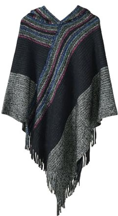 LIUYUYOUGO Coprispalle Donna Elegante,Poncho Con Cappuccio Da Donna Con Orlo Sfrangiato Cappuccio Poncho A Coste Cappotto Moda Strisce A Contrasto Mantello Lavorato A M