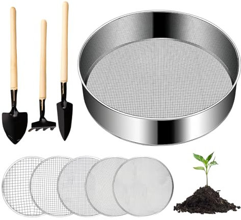 BORDEAG Tamiz De Jardín Redondo,20 Cm Tamiz De Jardín De Acero Inoxidable con 5 Insertos Intercambiables 3,6,9,10,12 MM Y Pala,Tamiz De Jardín De Malla Redonda,Tamiz De Jardinería para Tierra