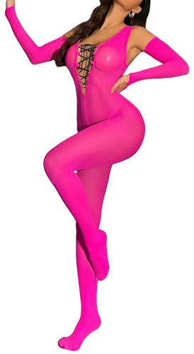 RUIBAVYA Bodystocking Damen Ärmellos Mattes Full-body Bodysuit Gekreuzte Brustgurte Deep V Catsuit Inklusive Fünf-Finger-Handschuhe