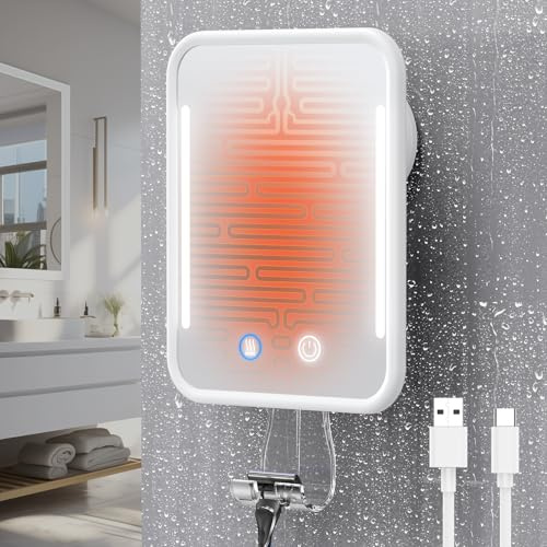 Gospire Miroir de Douche Chauffant sans buée pour Le Rasage, 5000 mAh Rechargeable et éclairé avec Support de Rasoir, Amovible et sans perçage, Miroir de Salle de Bain avec Ventouse (Blanc)