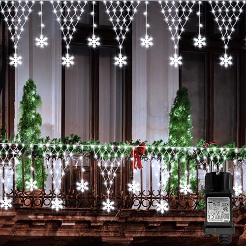 CCILAND Red de luces navideñas para exteriores de 4 m, red de luces con 207 copos de nieve LED y 8 modos, temporizador enchufable para aleros, vallas, balcones, decoración de bodas, blanco frío