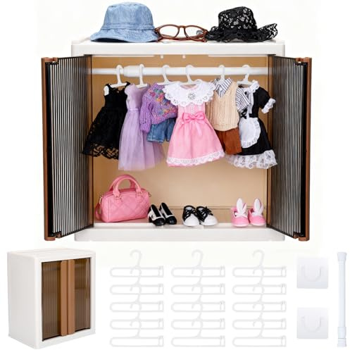 Vodolo Armoire de rangement pour vêtements de poupée de 15/17 cm, armoire empilable, armoire à vêtements de poupée avec housse résistante à la poussière, 15 cintres et 1 tringle, organiseur d'armoire
