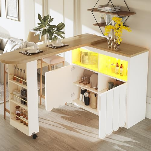 Generiskt utdragbart barbord med LED-belysning och förvaringsutrymme (135–205 cm), höjdjusterbara hjul barbord, mobilt bistrobord med appkontroll, musikreaktiv