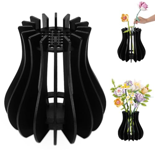 AOOTE Jarrón Puzzle De Madera,Jarrón de Madera para Lego Flores,Kit de jarrón de Madera para Rosas Lego para Lego Rosas,Cerezo,Girasoles,Tulipanes,para Decoración Escritorio,Negro