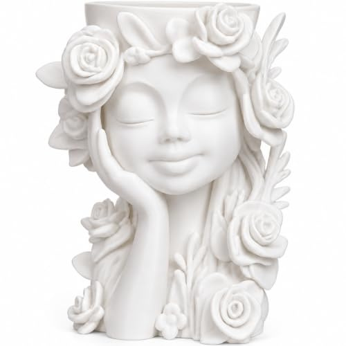 Girl Face Planter, Sculptural Head Vase for Small Plants – Matte White | Lightweight sculpted planter for succulents, faux stems & dried flowers; 8.2 cm opening, boho cottagecore shelf decor gift