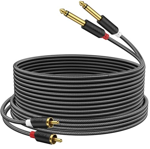 J&D 2 x 6,35 mm a 2 RCA Cavo, Oro-Placcato [Serie AudioWave] 2x 6.35mm (1/4 Pollice) Maschio TS a 2RCA Maschio Mono Cavo Splitter con PVC Sgusciato e Nylon Treccia - 4.5 Meter