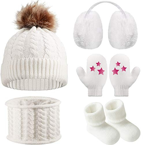 Gorro Bufanda de Invierno de Bebé Orejeras Mitones Calcetines de Niños Pequeños, Conjunto Caliente de Invierno de Bebé 5 Piezas (Blanco)