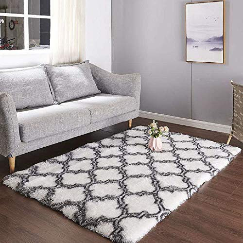 Calore Teppiche Schlafzimmer Flauschig Weicher Hochflor Teppich Anti-Rutsch-Teppich Wohnzimmer Moderne Teppiche Waschbarer (160 x 200 cm, Weiß Schwarz)