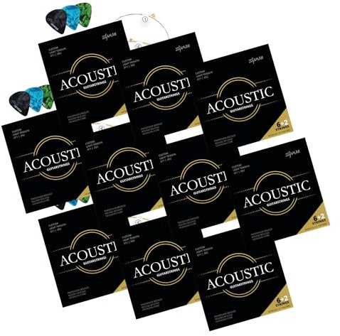 Cordes Shaman pour guitare western - 10 jeux de cordes en acier premium pour guitare acoustique - Set 6+2 cordes incluant 3 médiators, corde G et corde Mi aiguë extra haute