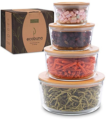 ECOBUNA® Glas Frischhaltedosen mit Bambusdeckeln [4er Set] – Premium Schüssel-Set – Glasschüsseln mit Deckel – Vorratsdosen Set Glas – stapelbar - Glasschale BPA frei - plastikfrei