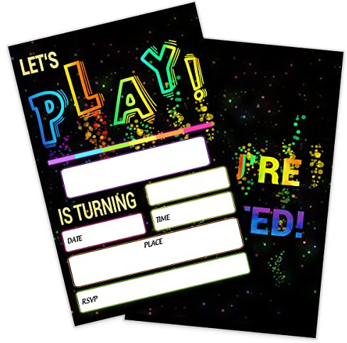 SHLINCO Glow Let's Play Birthday Party Invitations For Boys Girls, Neon Party Invites For Kids, Double Sided Design(20 Cards + Envelopes)
