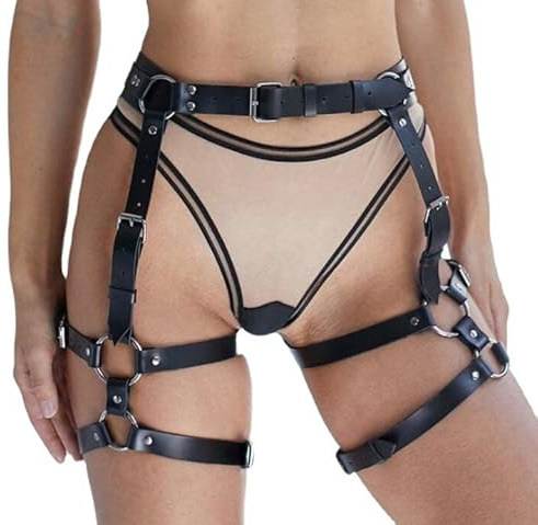 Punk Chaîne de Corps en Cuir pour Femmes Taille Harnais Ceinture Noir Gothique Chaîne de Jambe Réglable Ceinture Cuisse Jarretelles Plage Boîte de Nuit Fête Discothèque Accessoires de Corps