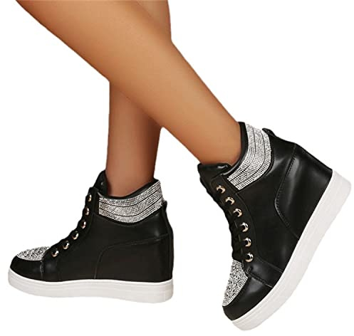 EGSDMNVSQ Femme Chaussures Montantes De Marche Baskets Compensées Plateforme Sneakers Décontracté Mode avec Strass Chaussure de Sport
