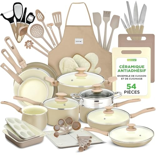 NutriChef Set 54 Pezzi Pentole, Padelle e Teglie da Forno in Marmo Antiaderente con Utensili Resistenti al Calore per Cucina Professionale di Casa