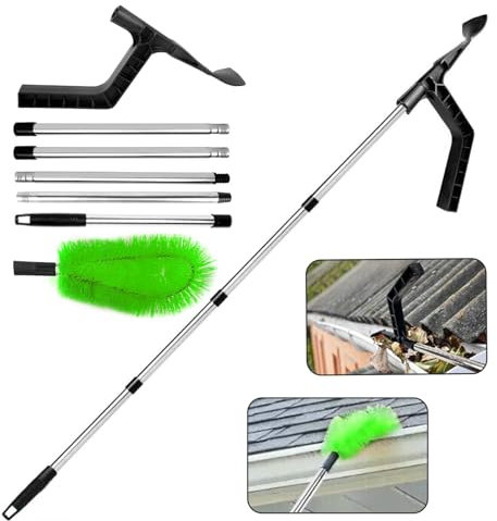 Aolawco 2-in-1 Gutter Cleaning Tools with Gutter Brush & Leaf Shovel, 170cm Telescopic Gutter Cleaner with 4-Section Pole, Gutter Cleaner Suitable for Bungalow (2 Layer Terraced House Need Ladder)